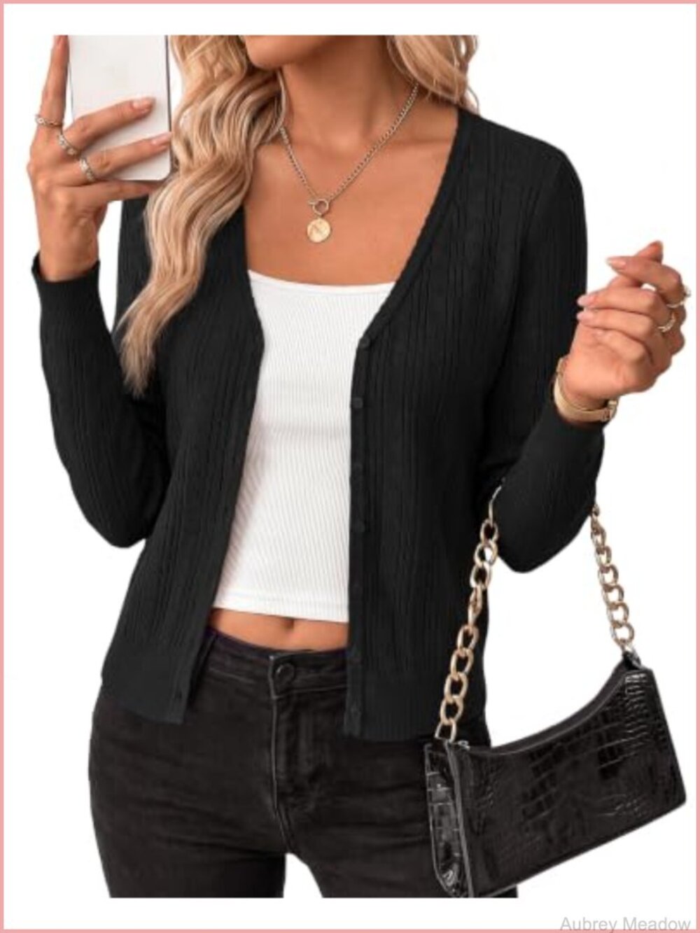 Womens Lightweight Pointelle Knit Button Front Fitted Cardigan